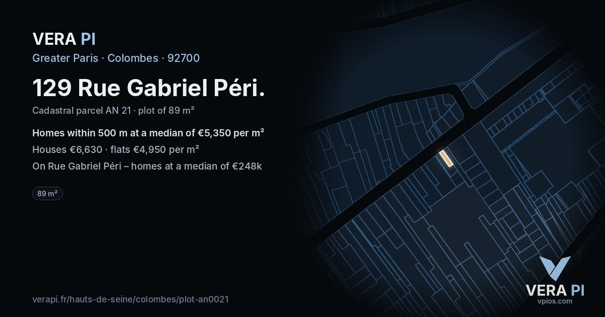 129 Rue Gabriel Péri, Colombes at night – the plot lit, the parcels around coloured by the prices near them