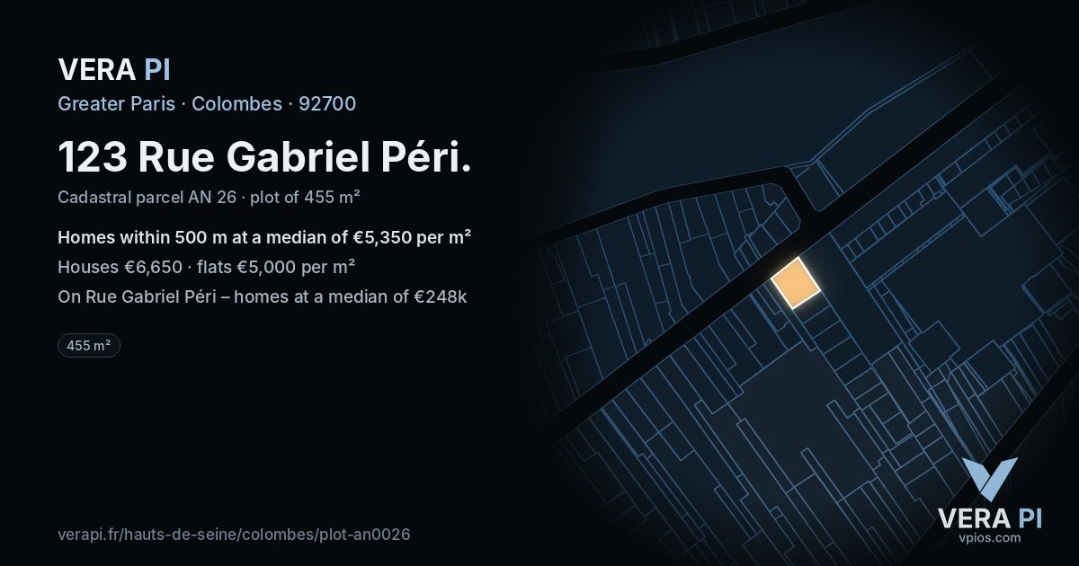 123 Rue Gabriel Péri, Colombes at night – the plot lit, the parcels around coloured by the prices near them