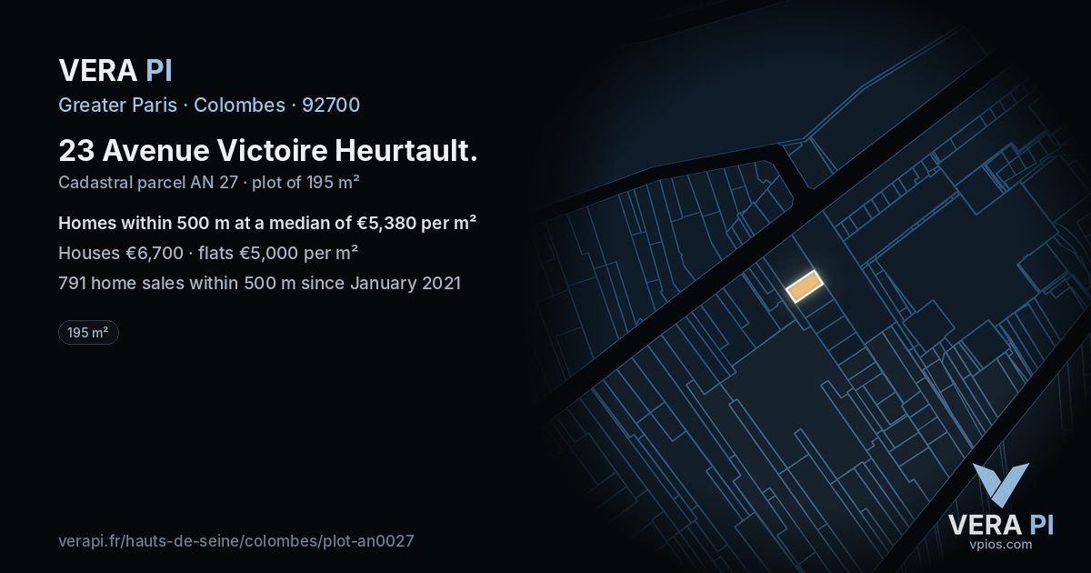 23 Avenue Victoire Heurtault, Colombes at night – the plot lit, the parcels around coloured by the prices near them