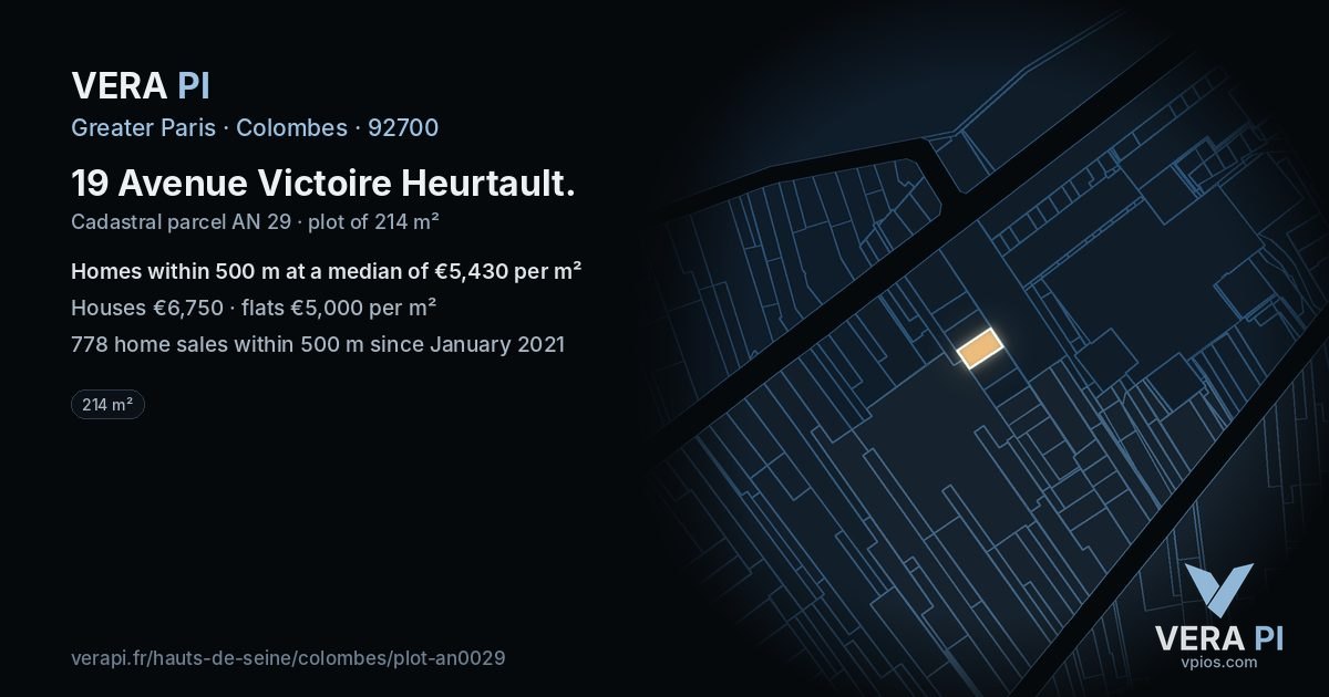 19 Avenue Victoire Heurtault, Colombes at night – the plot lit, the parcels around coloured by the prices near them