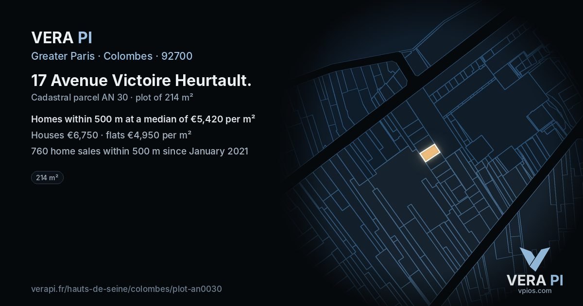 17 Avenue Victoire Heurtault, Colombes at night – the plot lit, the parcels around coloured by the prices near them