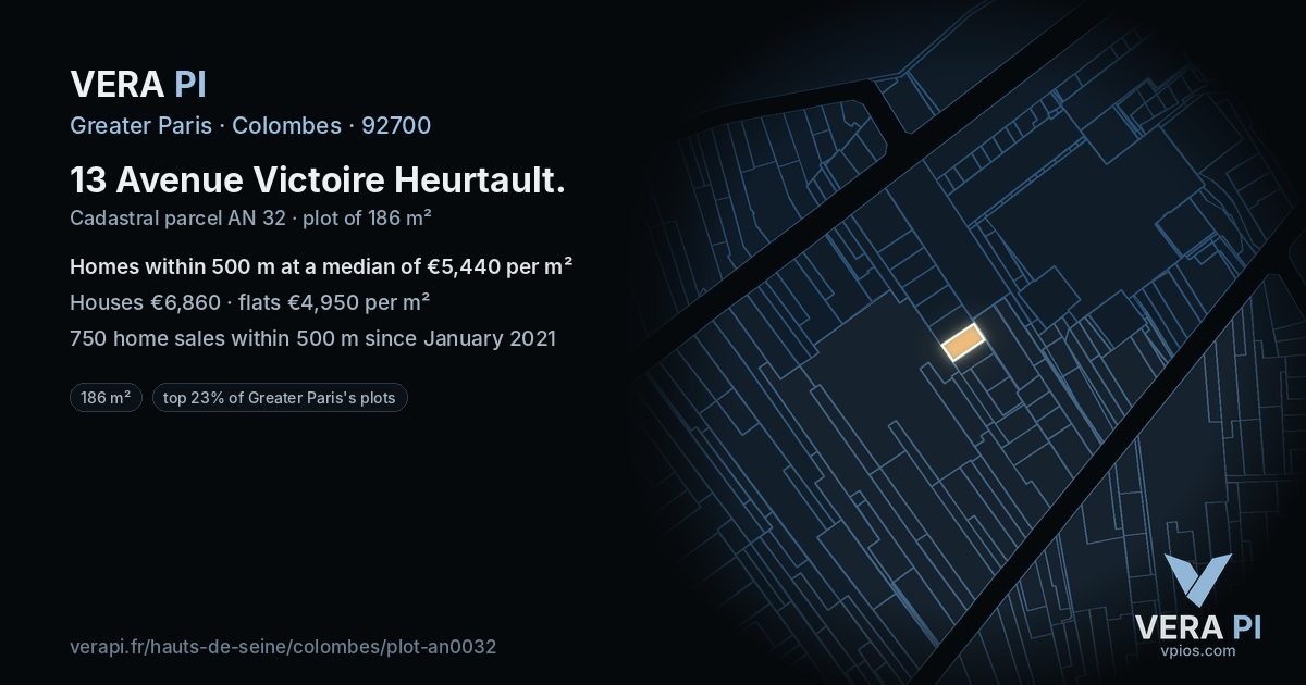13 Avenue Victoire Heurtault, Colombes at night – the plot lit, the parcels around coloured by the prices near them