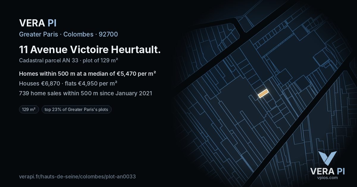 11 Avenue Victoire Heurtault, Colombes at night – the plot lit, the parcels around coloured by the prices near them