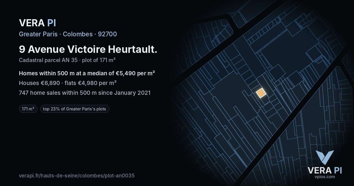 9 Avenue Victoire Heurtault, Colombes at night – the plot lit, the parcels around coloured by the prices near them