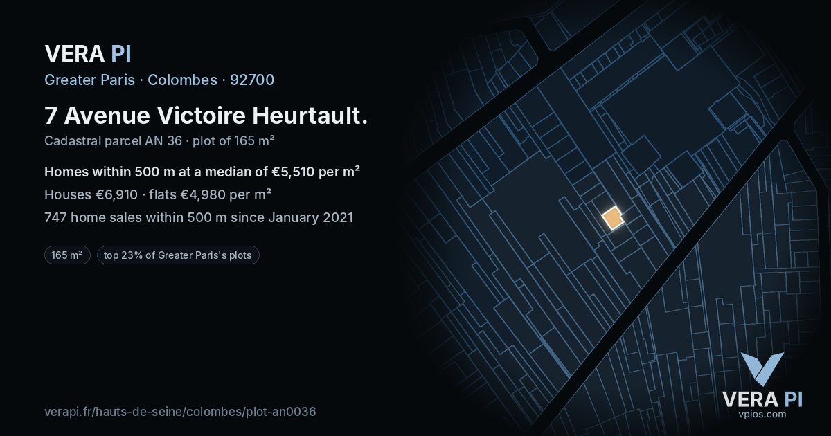 7 Avenue Victoire Heurtault, Colombes at night – the plot lit, the parcels around coloured by the prices near them