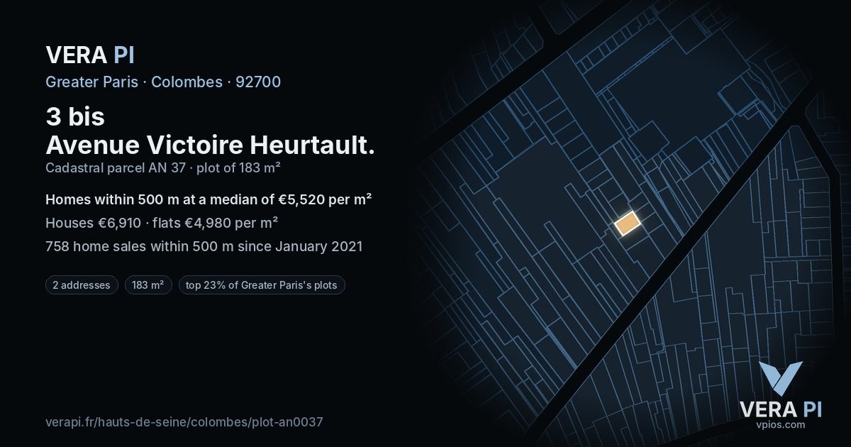 3 bis Avenue Victoire Heurtault, Colombes at night – the plot lit, the parcels around coloured by the prices near them