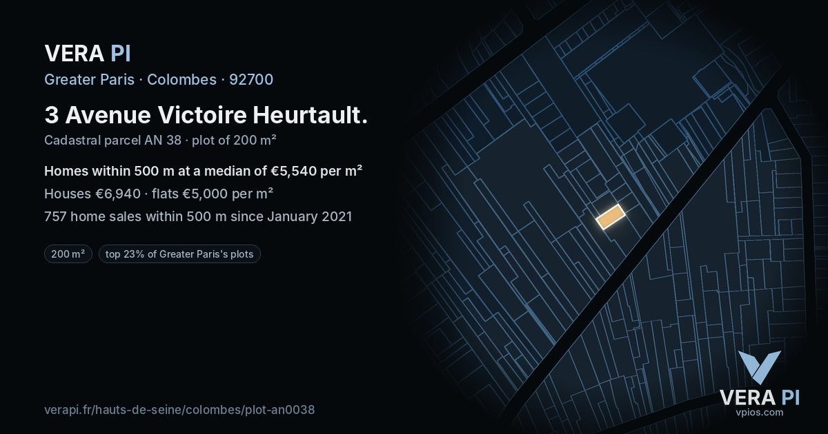 3 Avenue Victoire Heurtault, Colombes at night – the plot lit, the parcels around coloured by the prices near them