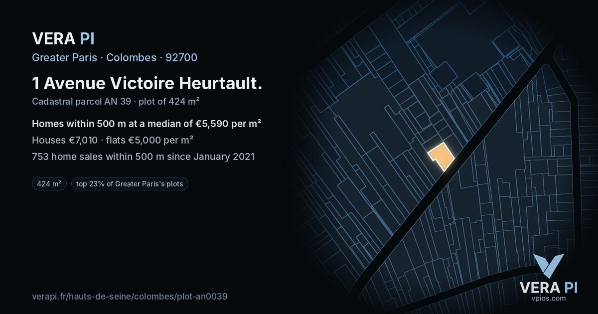 1 Avenue Victoire Heurtault, Colombes at night – the plot lit, the parcels around coloured by the prices near them