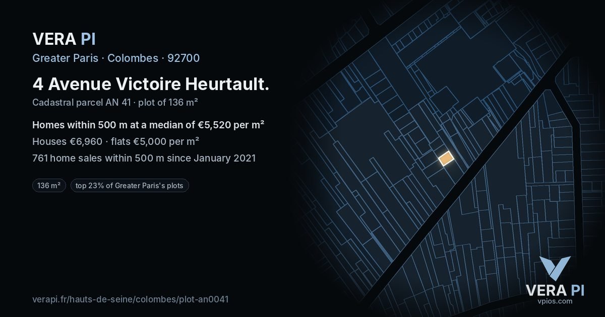 4 Avenue Victoire Heurtault, Colombes at night – the plot lit, the parcels around coloured by the prices near them