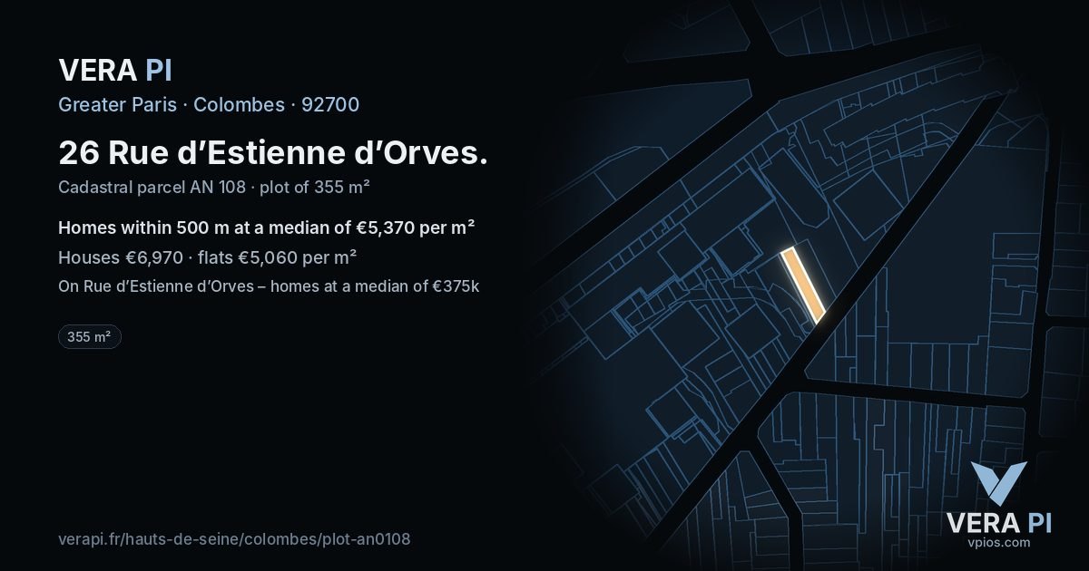 26 Rue d’Estienne d’Orves, Colombes at night – the plot lit, the parcels around coloured by the prices near them