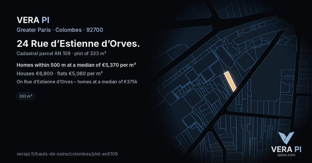 24 Rue d’Estienne d’Orves, Colombes at night – the plot lit, the parcels around coloured by the prices near them