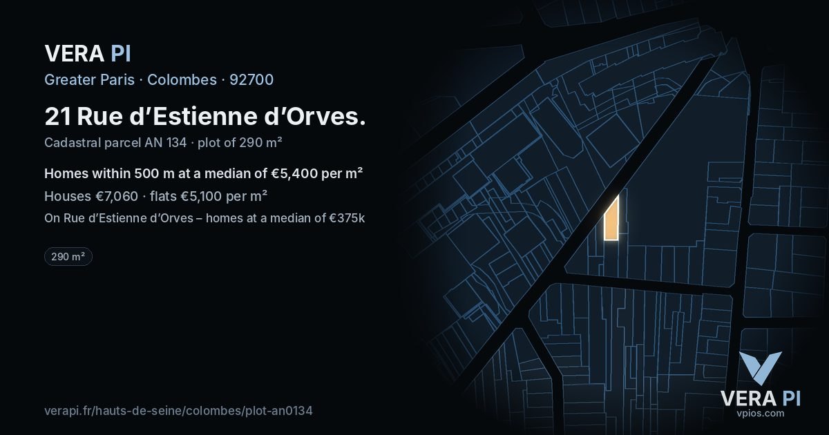 21 Rue d’Estienne d’Orves, Colombes at night – the plot lit, the parcels around coloured by the prices near them