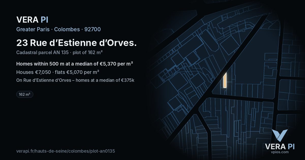 23 Rue d’Estienne d’Orves, Colombes at night – the plot lit, the parcels around coloured by the prices near them