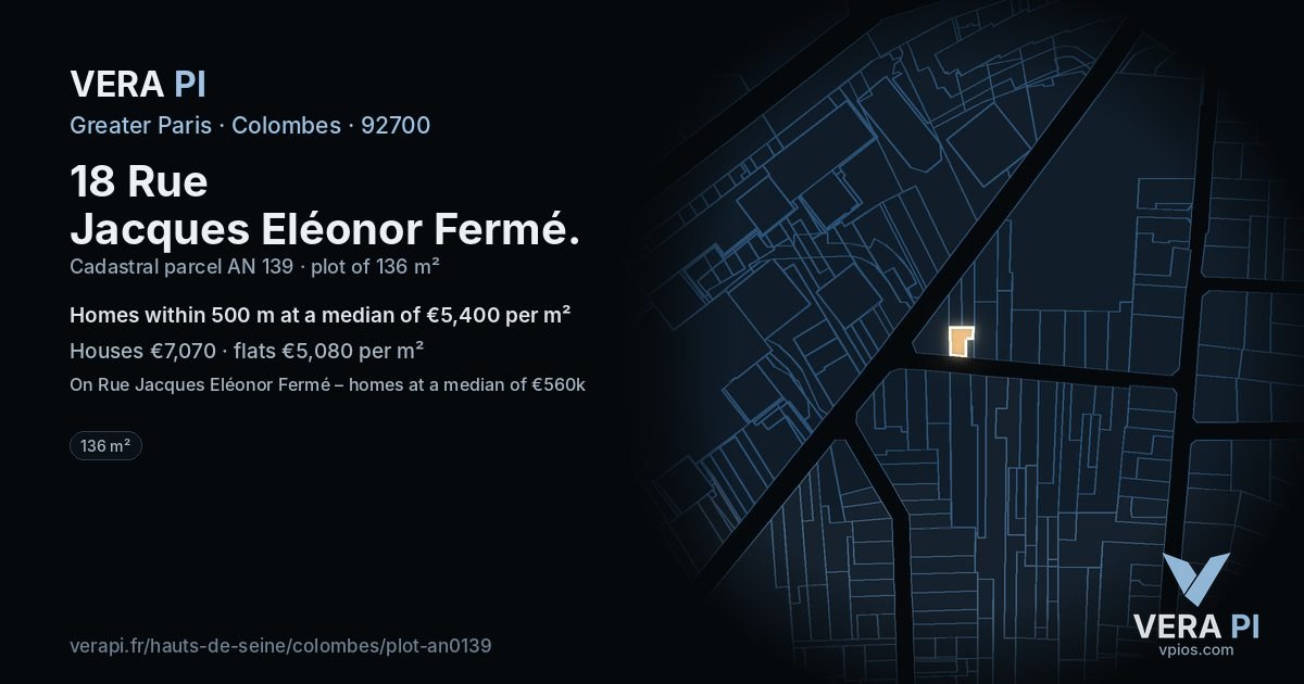 18 Rue Jacques Eléonor Fermé, Colombes at night – the plot lit, the parcels around coloured by the prices near them