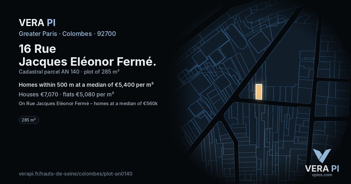 16 Rue Jacques Eléonor Fermé, Colombes at night – the plot lit, the parcels around coloured by the prices near them