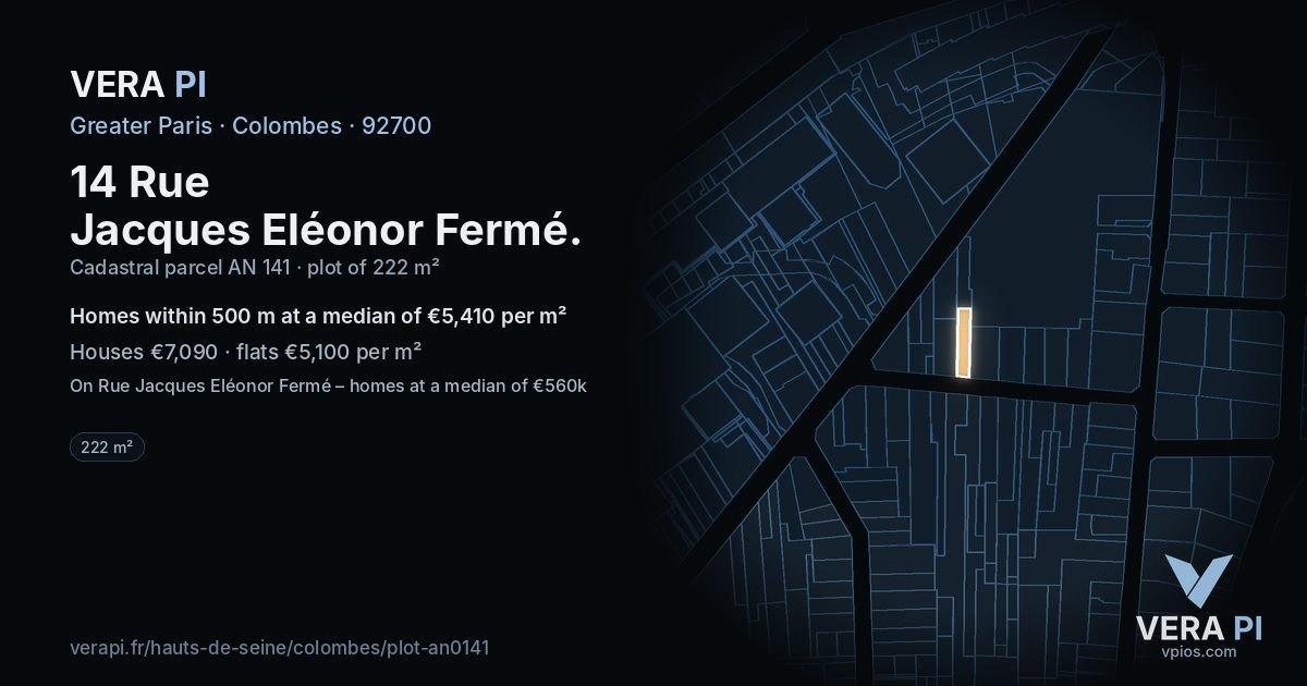 14 Rue Jacques Eléonor Fermé, Colombes at night – the plot lit, the parcels around coloured by the prices near them