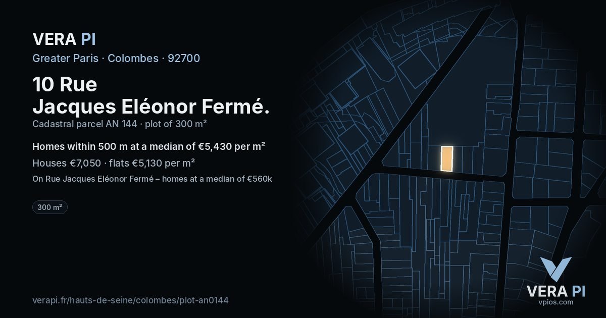10 Rue Jacques Eléonor Fermé, Colombes at night – the plot lit, the parcels around coloured by the prices near them