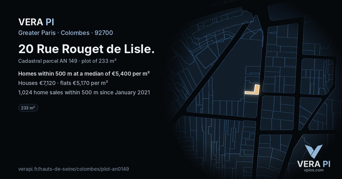 20 Rue Rouget de Lisle, Colombes at night – the plot lit, the parcels around coloured by the prices near them