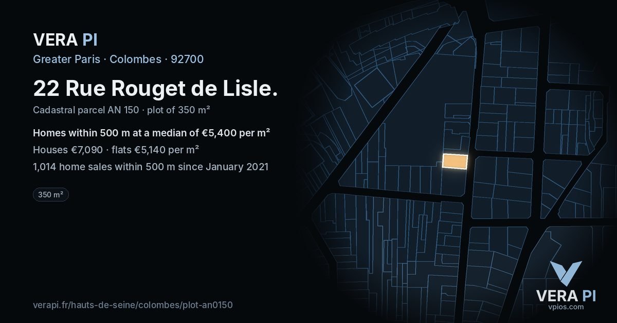 22 Rue Rouget de Lisle, Colombes at night – the plot lit, the parcels around coloured by the prices near them