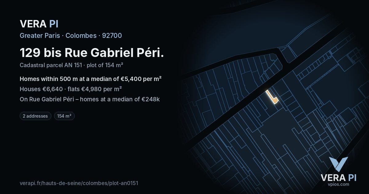 129 bis Rue Gabriel Péri, Colombes at night – the plot lit, the parcels around coloured by the prices near them