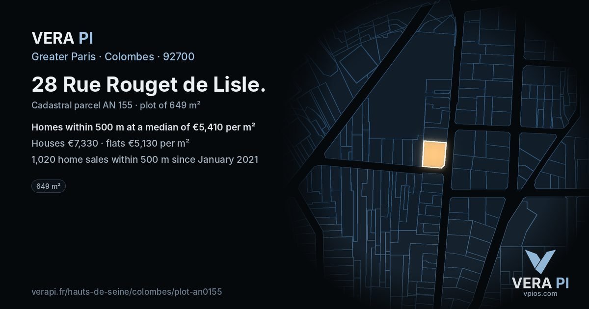 28 Rue Rouget de Lisle, Colombes at night – the plot lit, the parcels around coloured by the prices near them