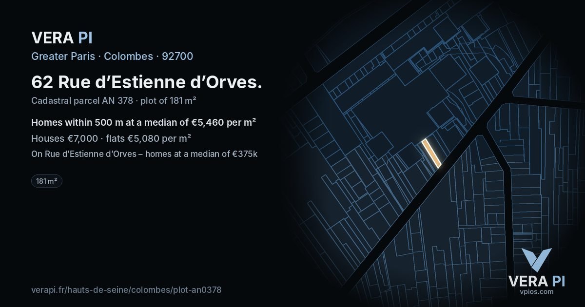 62 Rue d’Estienne d’Orves, Colombes at night – the plot lit, the parcels around coloured by the prices near them