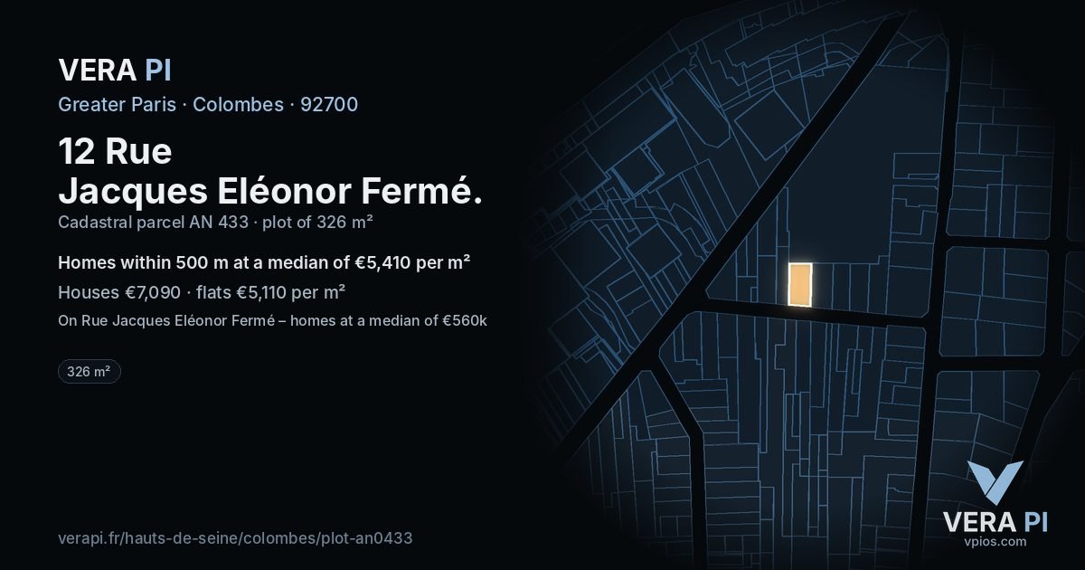 12 Rue Jacques Eléonor Fermé, Colombes at night – the plot lit, the parcels around coloured by the prices near them