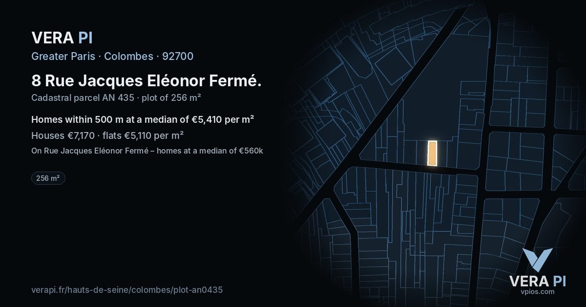 8 Rue Jacques Eléonor Fermé, Colombes at night – the plot lit, the parcels around coloured by the prices near them