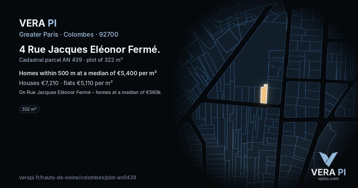 4 Rue Jacques Eléonor Fermé, Colombes at night – the plot lit, the parcels around coloured by the prices near them