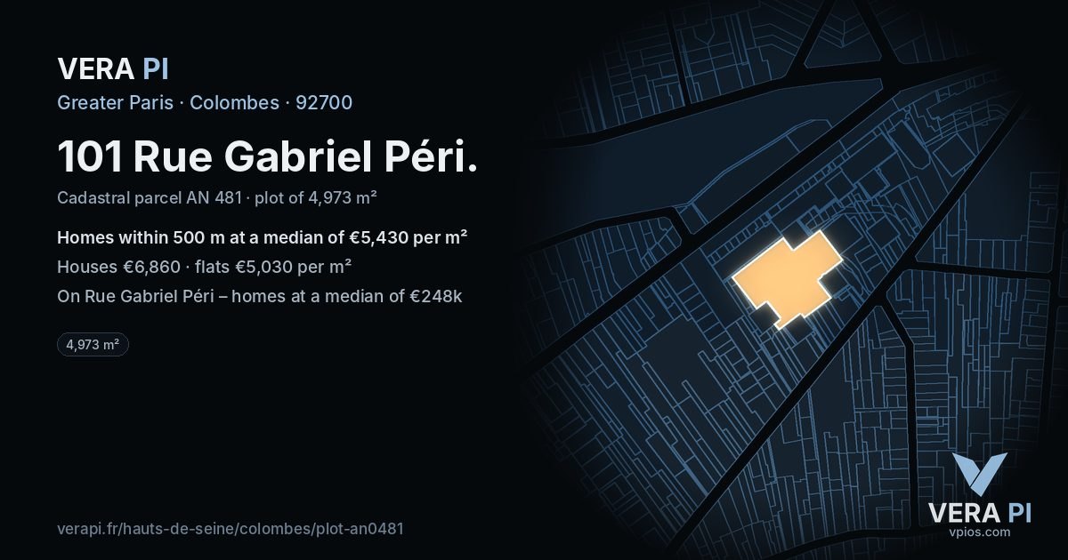 101 Rue Gabriel Péri, Colombes at night – the plot lit, the parcels around coloured by the prices near them