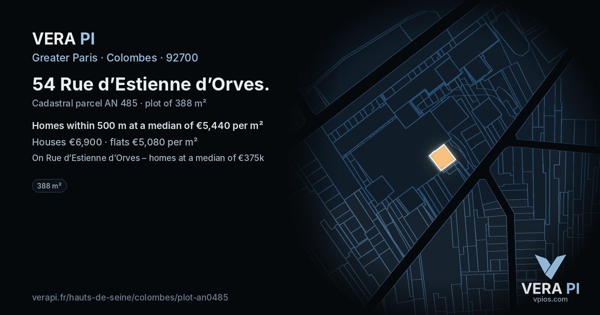 54 Rue d’Estienne d’Orves, Colombes at night – the plot lit, the parcels around coloured by the prices near them