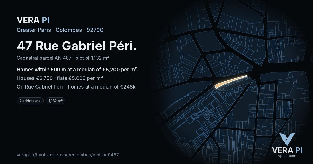 47 Rue Gabriel Péri, Colombes at night – the plot lit, the parcels around coloured by the prices near them