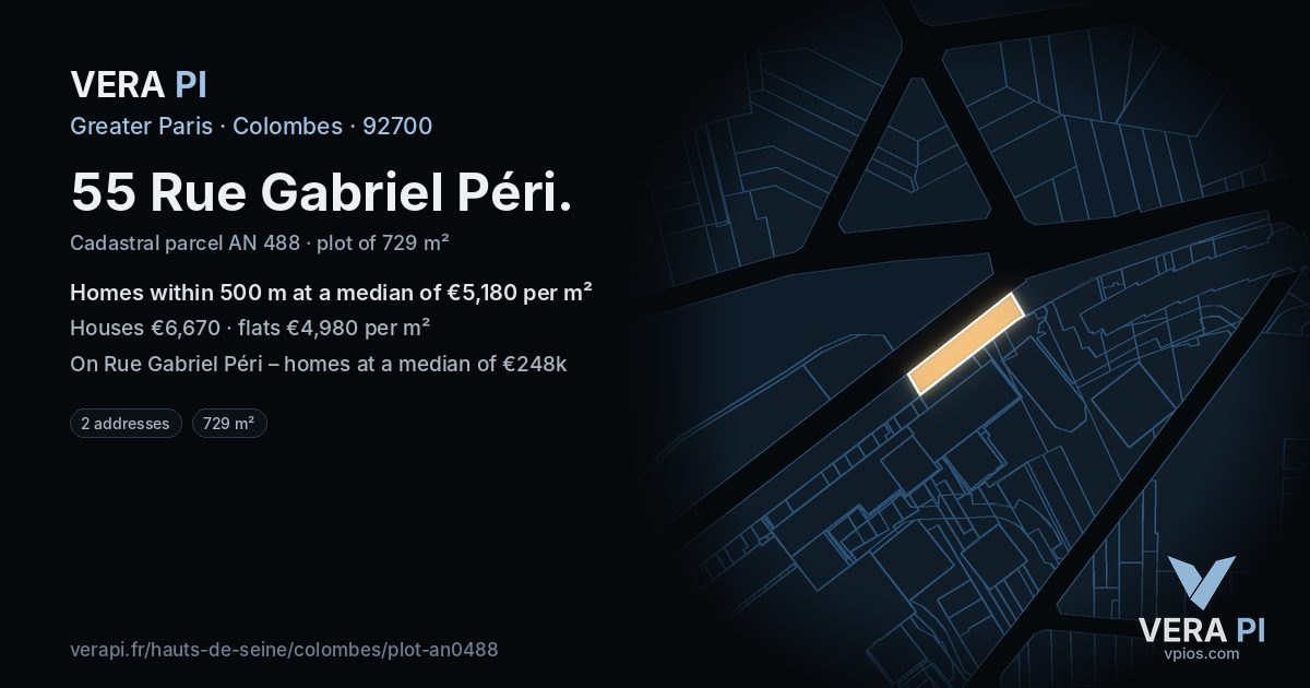 55 Rue Gabriel Péri, Colombes at night – the plot lit, the parcels around coloured by the prices near them