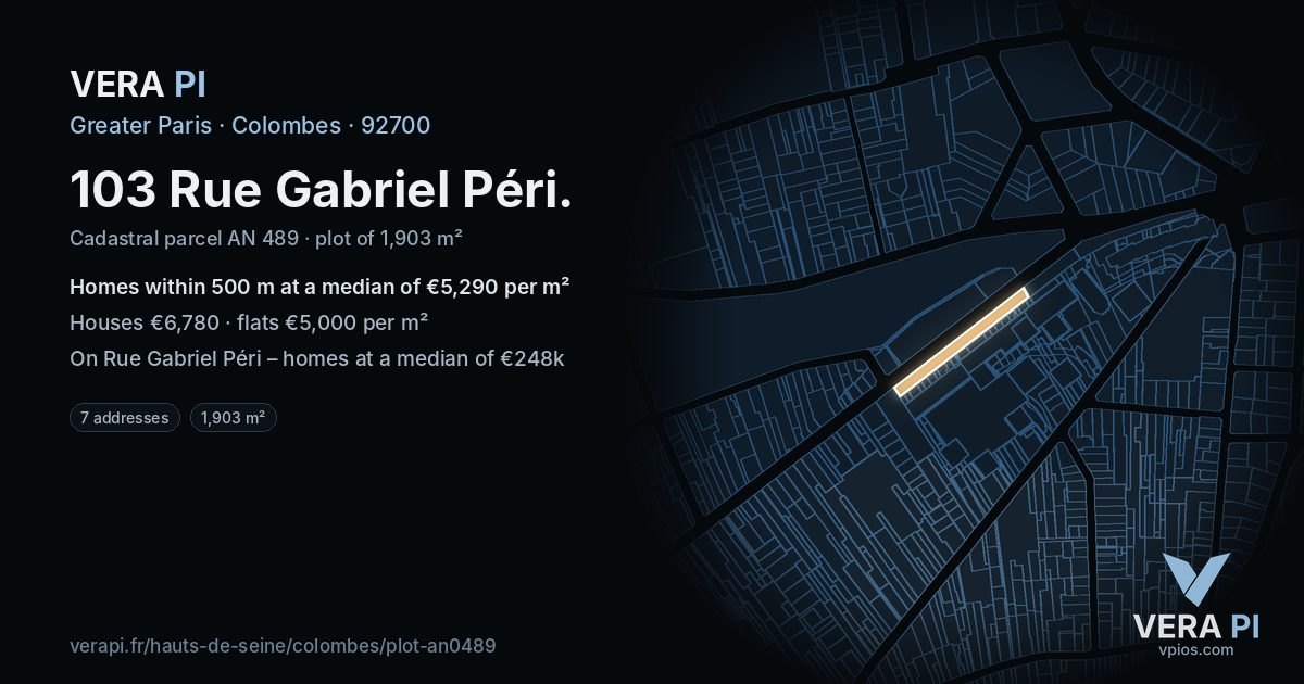 103 Rue Gabriel Péri, Colombes at night – the plot lit, the parcels around coloured by the prices near them