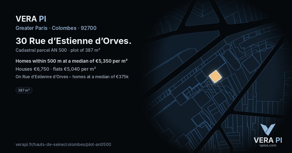 30 Rue d’Estienne d’Orves, Colombes at night – the plot lit, the parcels around coloured by the prices near them