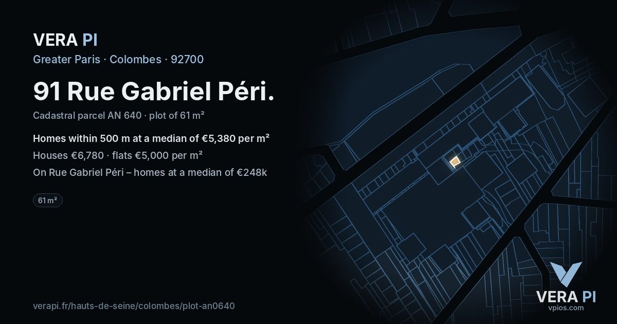 91 Rue Gabriel Péri, Colombes at night – the plot lit, the parcels around coloured by the prices near them