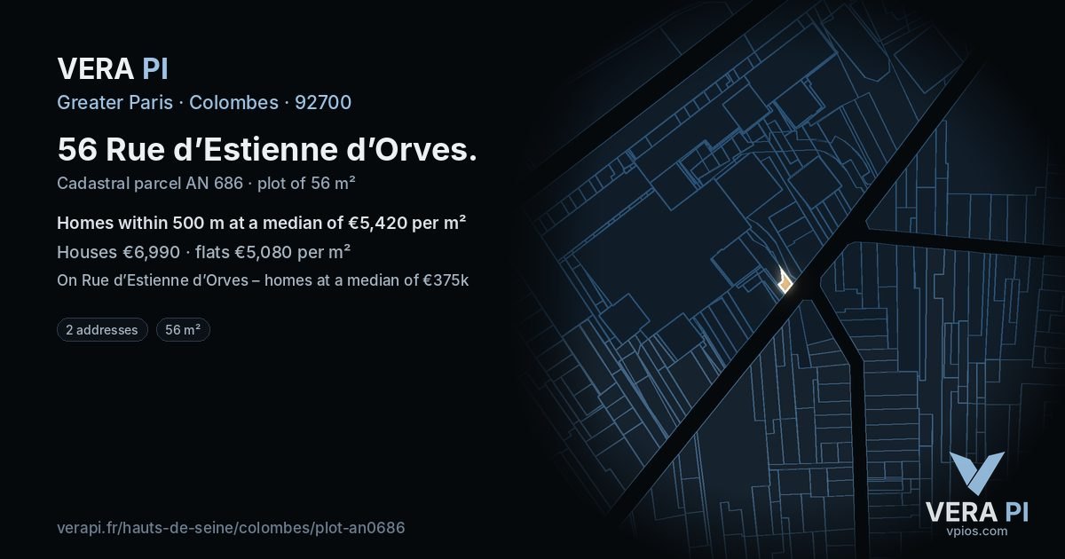 56 Rue d’Estienne d’Orves, Colombes at night – the plot lit, the parcels around coloured by the prices near them