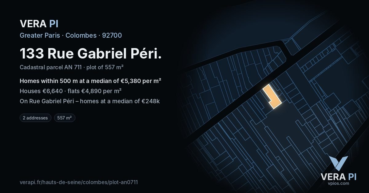 133 Rue Gabriel Péri, Colombes at night – the plot lit, the parcels around coloured by the prices near them