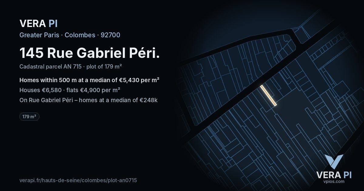 145 Rue Gabriel Péri, Colombes at night – the plot lit, the parcels around coloured by the prices near them