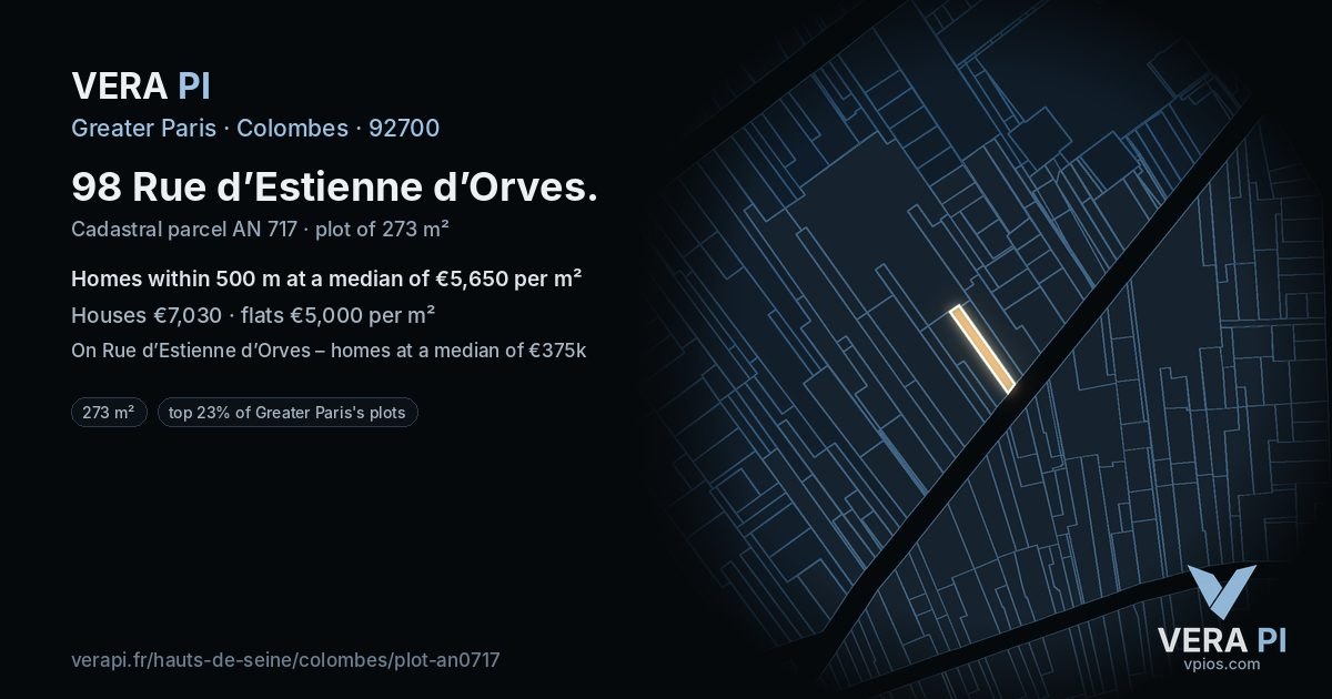 98 Rue d’Estienne d’Orves, Colombes at night – the plot lit, the parcels around coloured by the prices near them