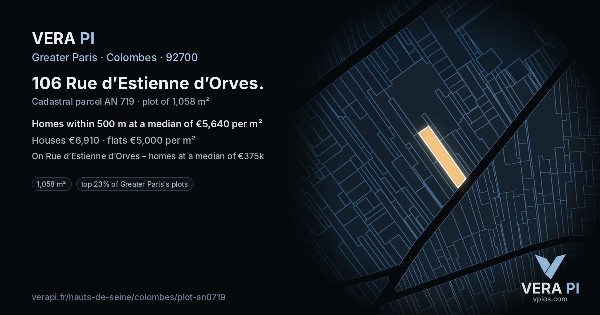 106 Rue d’Estienne d’Orves, Colombes at night – the plot lit, the parcels around coloured by the prices near them