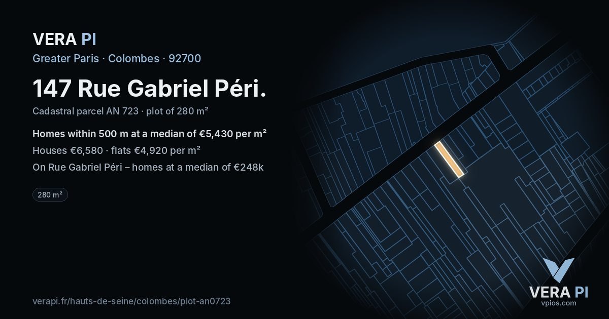147 Rue Gabriel Péri, Colombes at night – the plot lit, the parcels around coloured by the prices near them