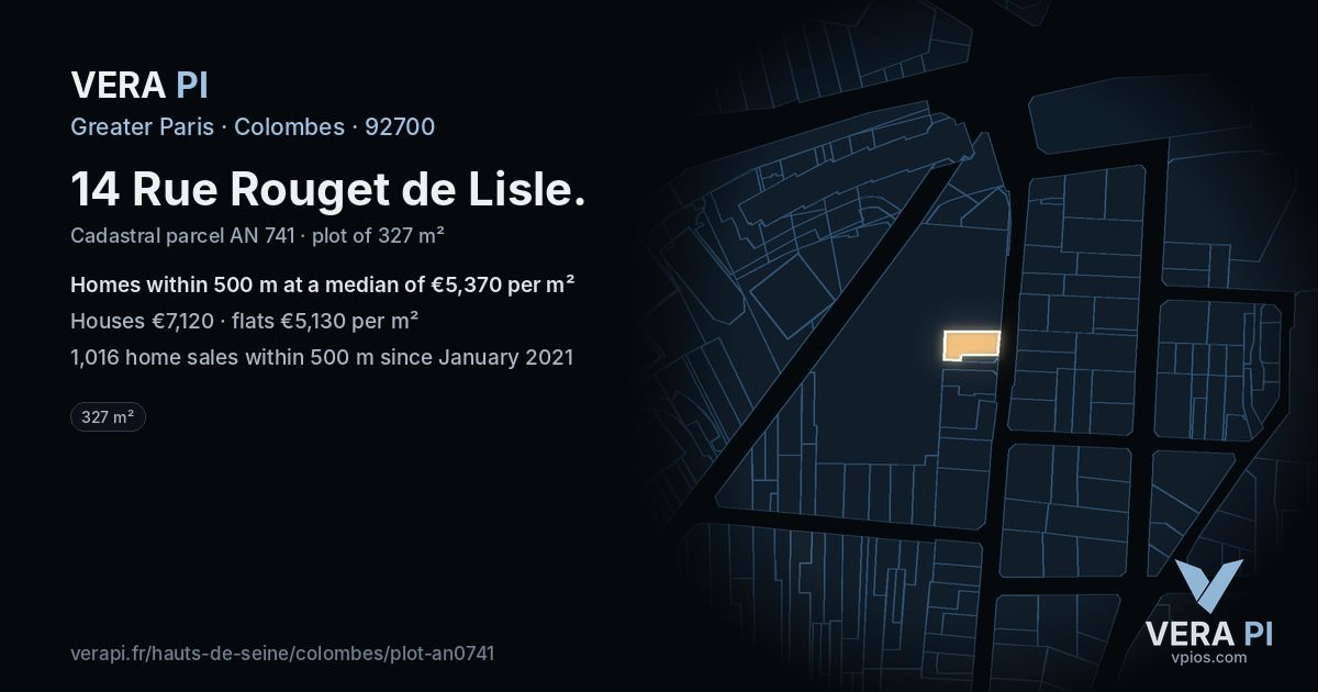 14 Rue Rouget de Lisle, Colombes at night – the plot lit, the parcels around coloured by the prices near them