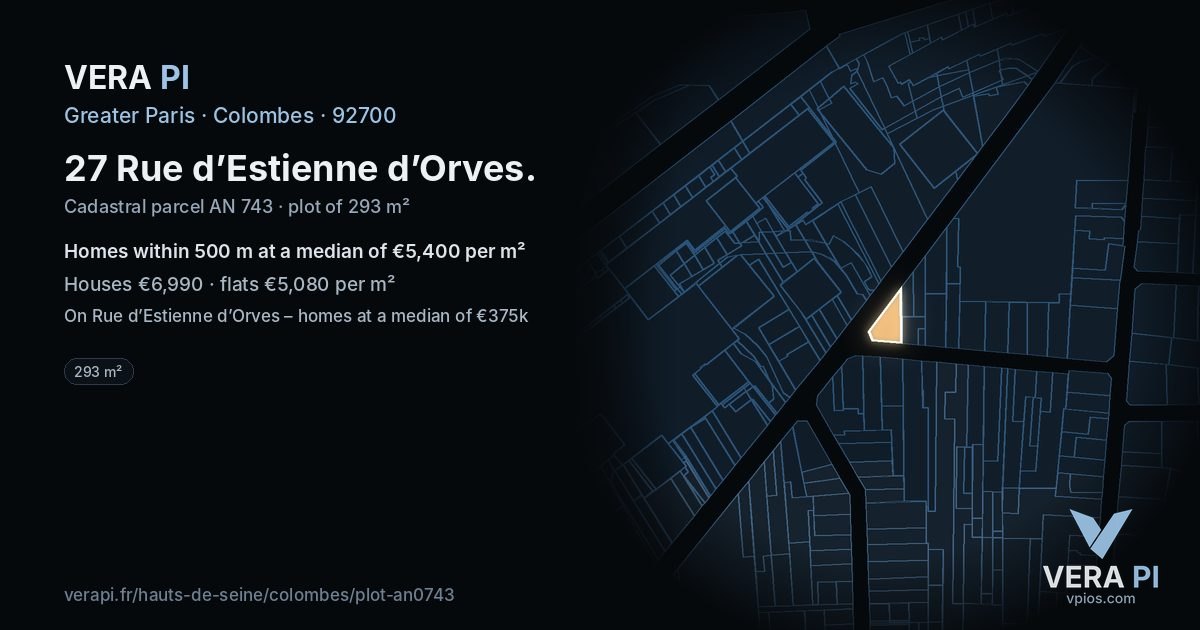 27 Rue d’Estienne d’Orves, Colombes at night – the plot lit, the parcels around coloured by the prices near them
