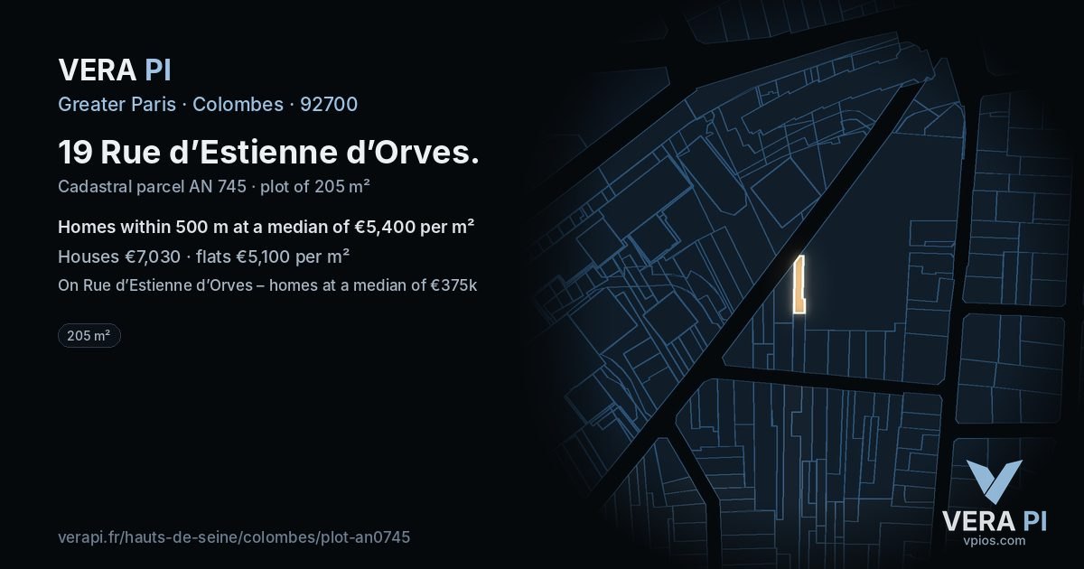 19 Rue d’Estienne d’Orves, Colombes at night – the plot lit, the parcels around coloured by the prices near them