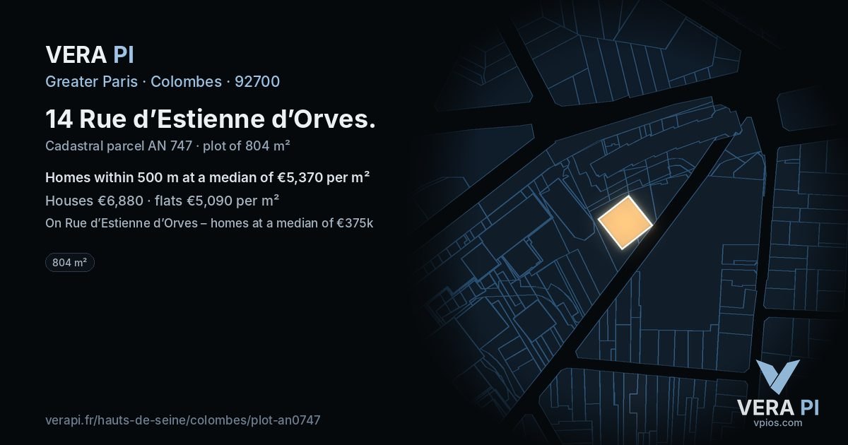 14 Rue d’Estienne d’Orves, Colombes at night – the plot lit, the parcels around coloured by the prices near them