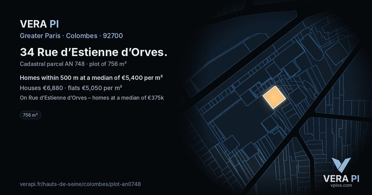 34 Rue d’Estienne d’Orves, Colombes at night – the plot lit, the parcels around coloured by the prices near them