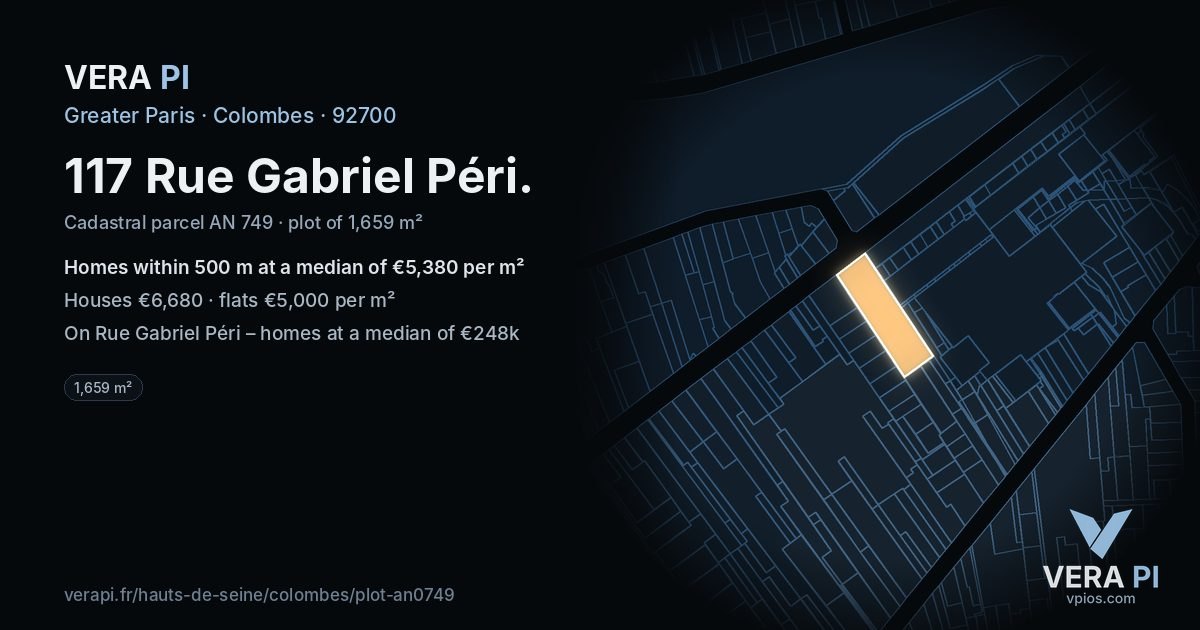 117 Rue Gabriel Péri, Colombes at night – the plot lit, the parcels around coloured by the prices near them
