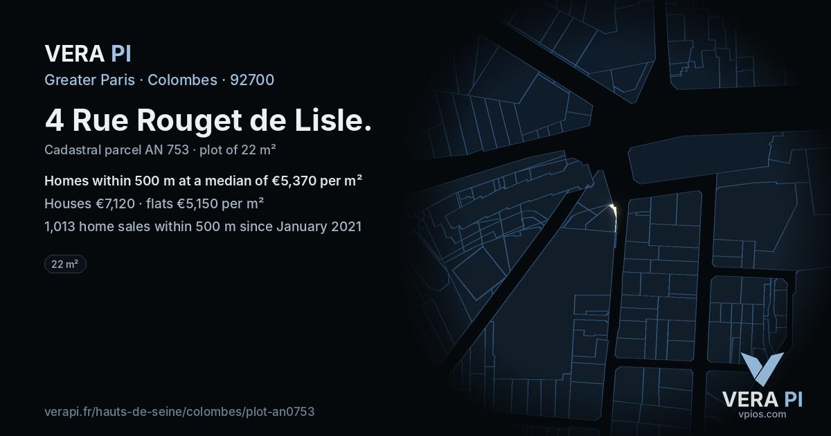 4 Rue Rouget de Lisle, Colombes at night – the plot lit, the parcels around coloured by the prices near them