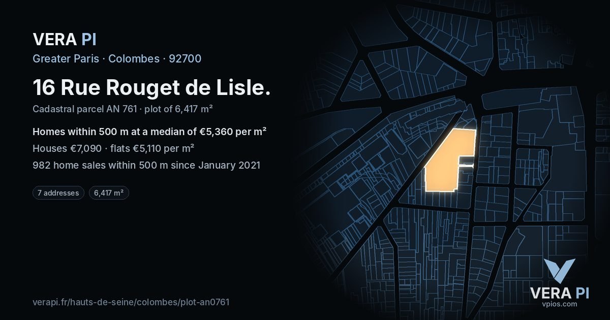 16 Rue Rouget de Lisle, Colombes at night – the plot lit, the parcels around coloured by the prices near them